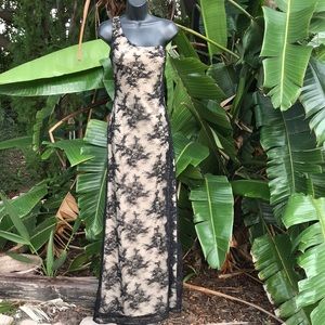 La Femme assymetric corset boned lace dress with cut out and high…